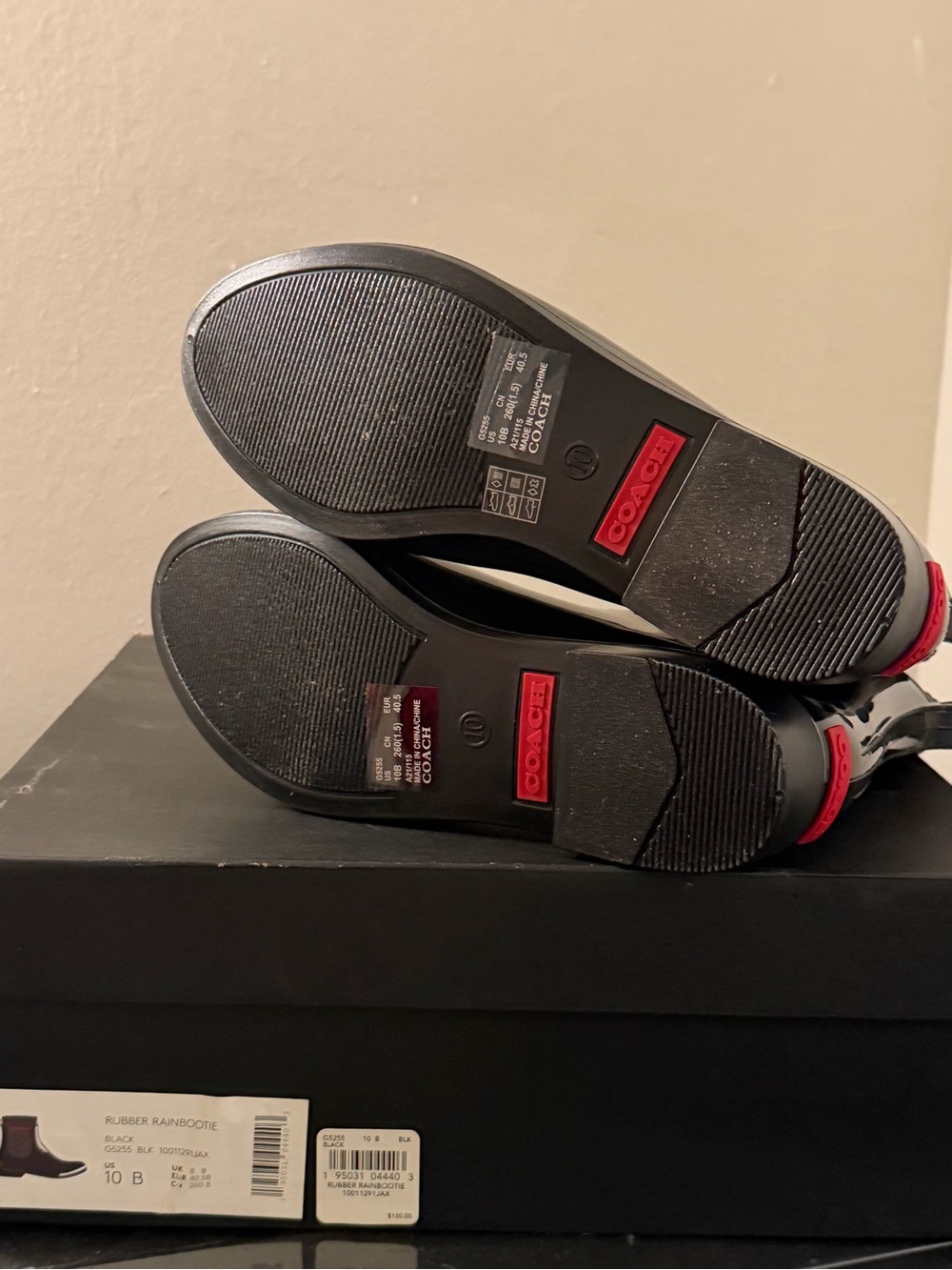 Coach Black Patent Ankle Rain Boots with Signature Knit Panel and Red Trim - Picture 4 of 7